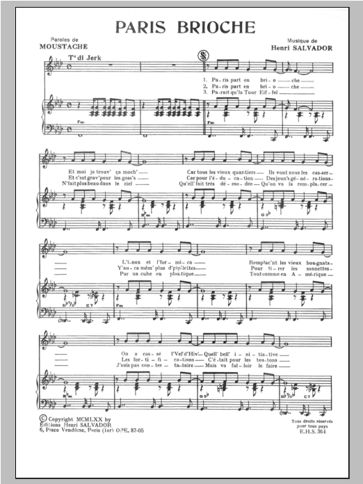 Henri Salvador Paris Brioche sheet music notes and chords arranged for Piano & Vocal