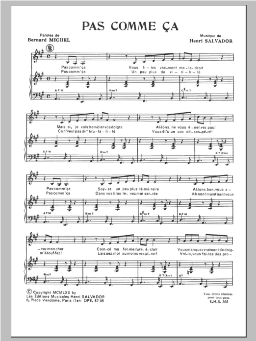 Henri Salvador Pas Comme Ca sheet music notes and chords arranged for Piano & Vocal