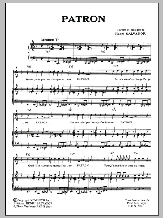 Henri Salvador Patron sheet music notes and chords arranged for Piano & Vocal