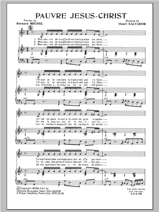 Henri Salvador Pauvre Jesus Christ sheet music notes and chords arranged for Piano & Vocal