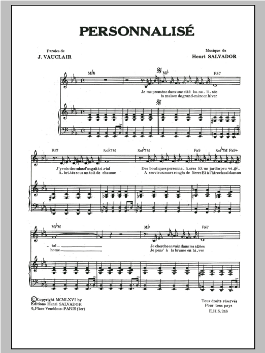 Henri Salvador Personnalise sheet music notes and chords arranged for Piano & Vocal