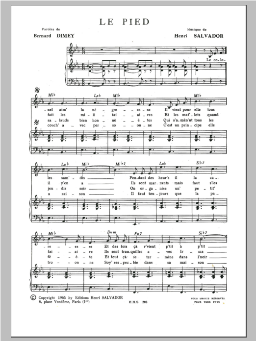 Henri Salvador Pied sheet music notes and chords arranged for Piano & Vocal
