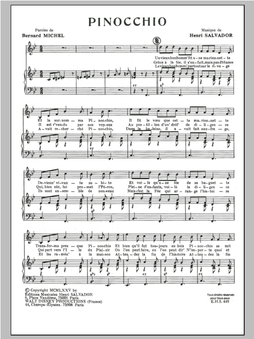 Henri Salvador Pinocchio sheet music notes and chords arranged for Piano & Vocal