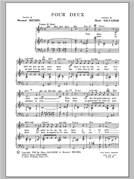 Henri Salvador Pour Deux sheet music notes and chords arranged for Piano & Vocal