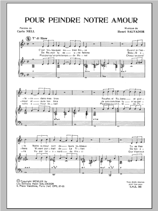 Henri Salvador Pour Peindre Notre Amour sheet music notes and chords arranged for Piano & Vocal