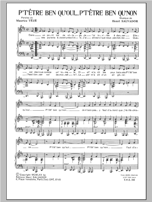 Henri Salvador P'tetre Bien Que Oui P'tetre Bien Que Non sheet music notes and chords arranged for Piano & Vocal