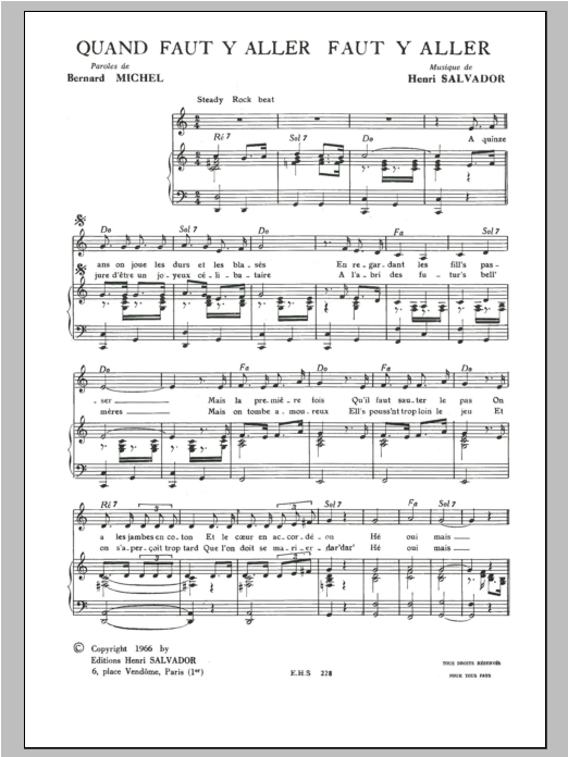 Henri Salvador Quand Faut Y Aller Faut Y Aller sheet music notes and chords arranged for Piano & Vocal