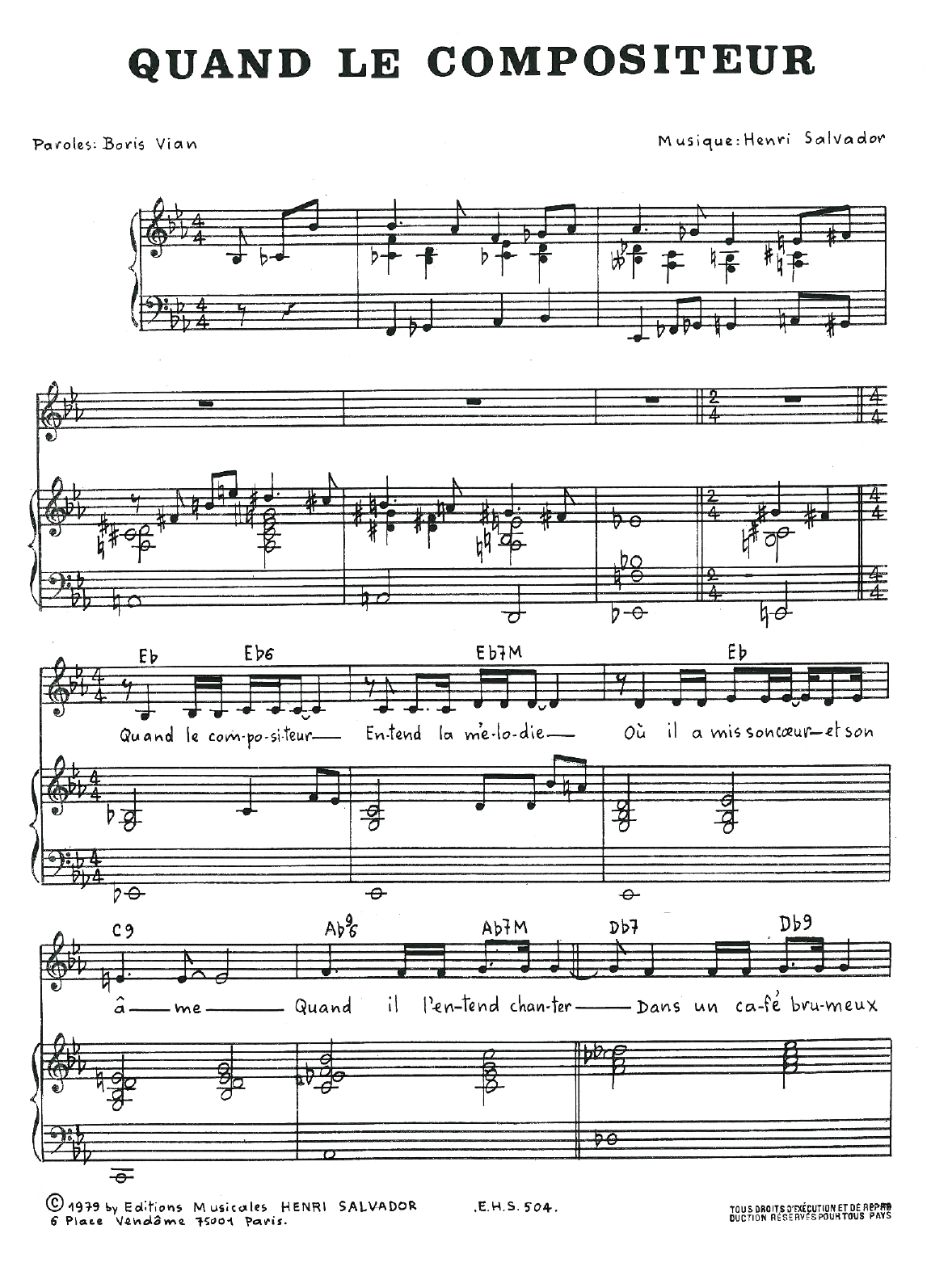 Henri Salvador Quand Le Compositeur sheet music notes and chords arranged for Piano, Vocal & Guitar Chords