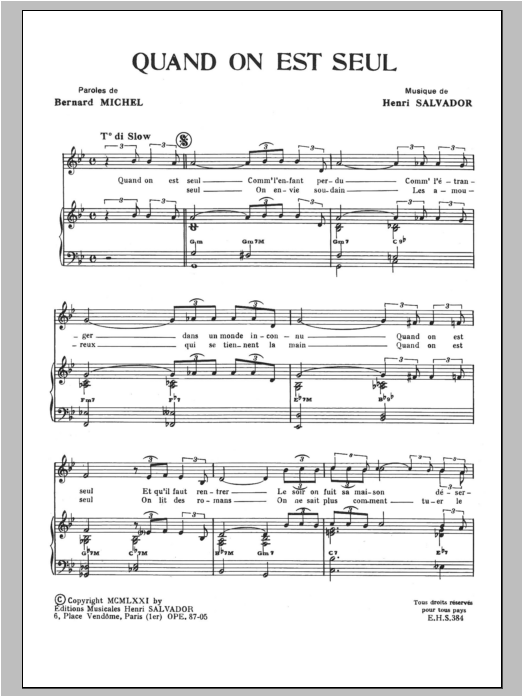 Henri Salvador Quand On Est Seul sheet music notes and chords arranged for Piano & Vocal