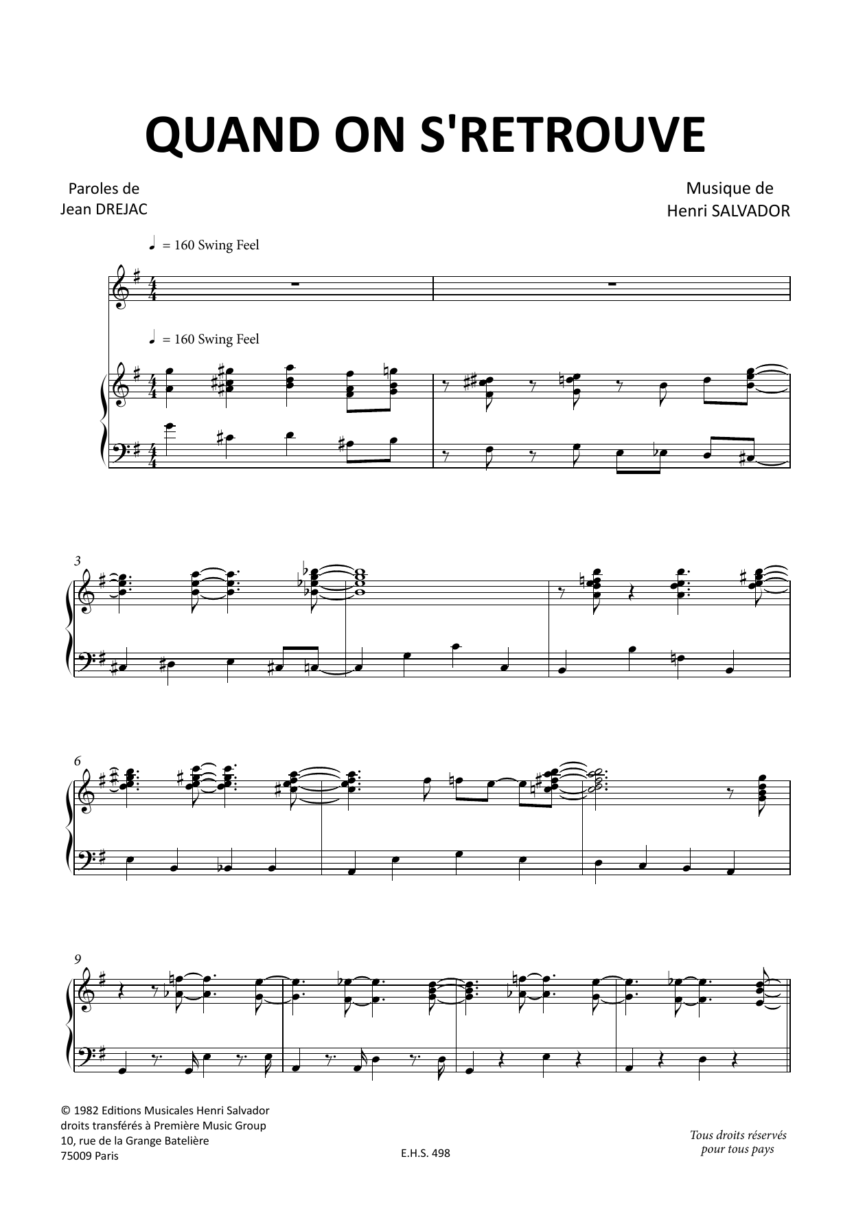 Henri Salvador Quand On Se Retrouve sheet music notes and chords arranged for Piano & Vocal
