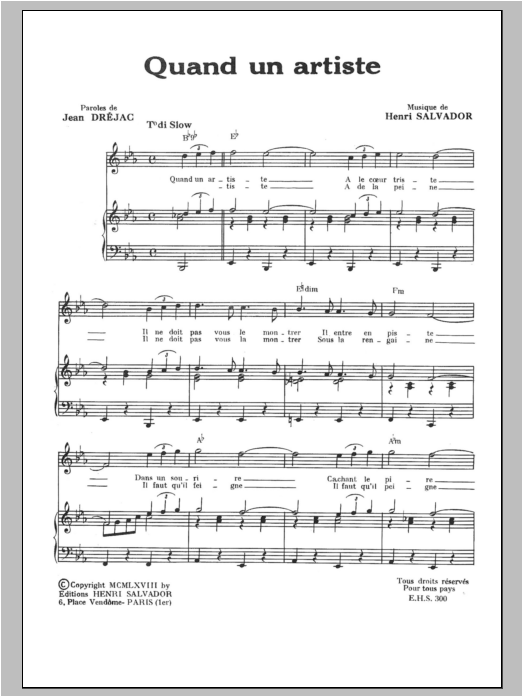 Henri Salvador Quand Un Artiste sheet music notes and chords arranged for Piano & Vocal