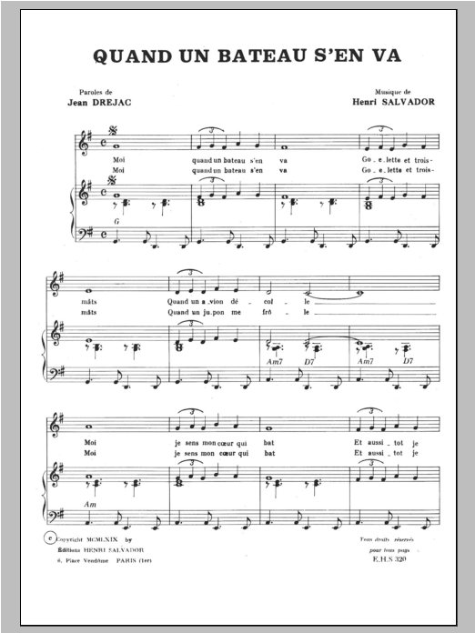 Henri Salvador Quand Un Bateau S'en Va sheet music notes and chords arranged for Piano & Vocal