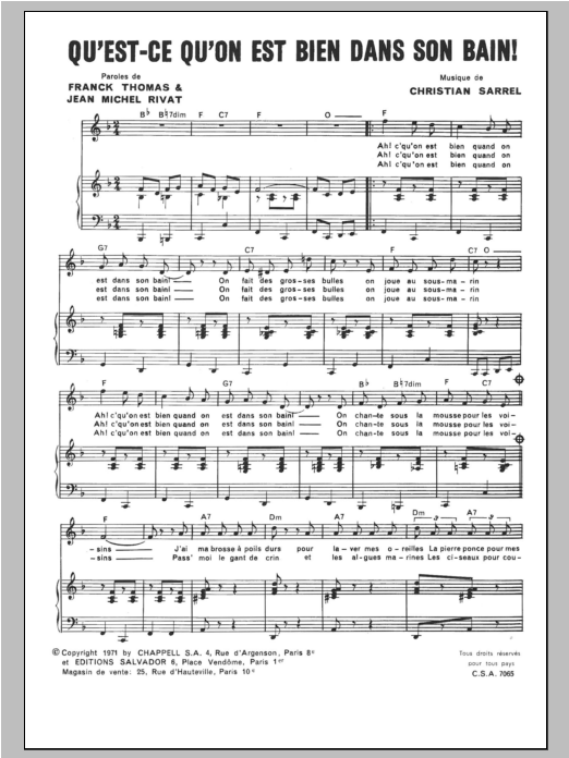 Henri Salvador Qu'est Ce Qu'on Est Bien Dans Son Bain sheet music notes and chords arranged for Piano & Vocal
