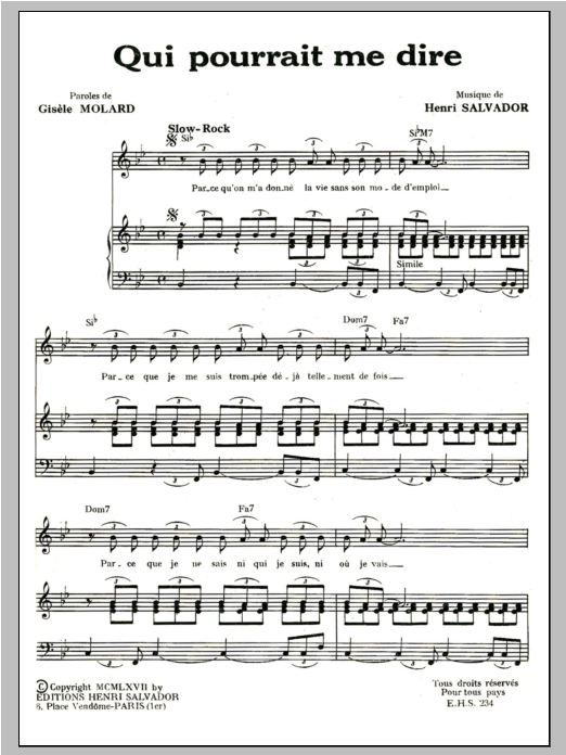 Henri Salvador Qui Pourrait Me Dire sheet music notes and chords arranged for Piano & Vocal