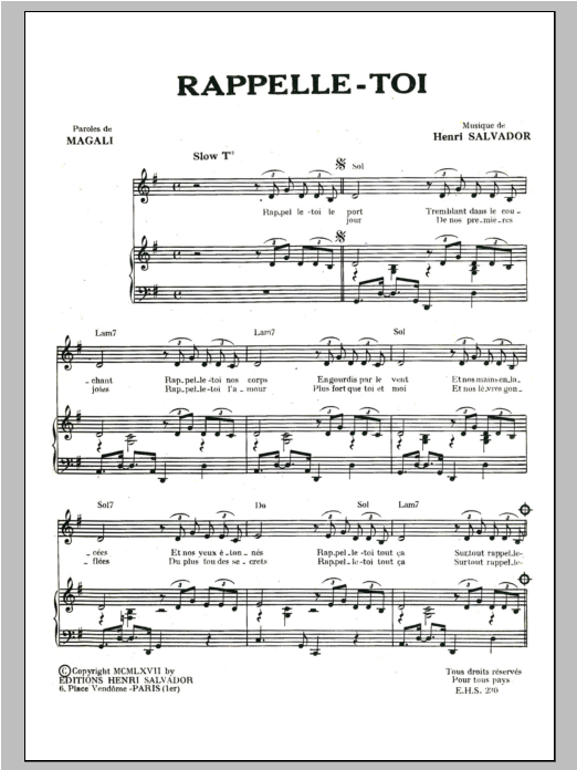 Henri Salvador Rappelle-Toi sheet music notes and chords arranged for Piano & Vocal