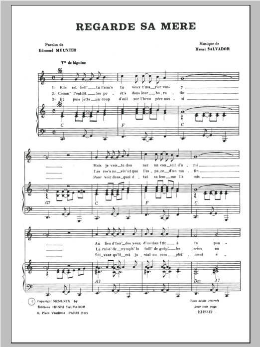 Henri Salvador Regarde Sa Mere sheet music notes and chords arranged for Piano & Vocal