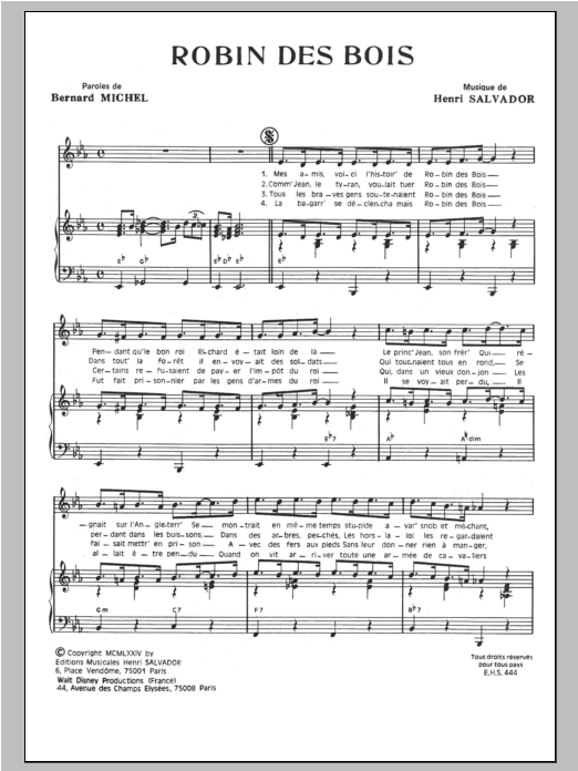 Henri Salvador Robin Des Bois sheet music notes and chords arranged for Piano & Vocal