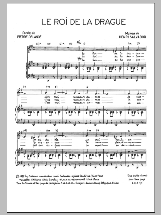 Henri Salvador Roi De La Drague sheet music notes and chords arranged for Piano & Vocal