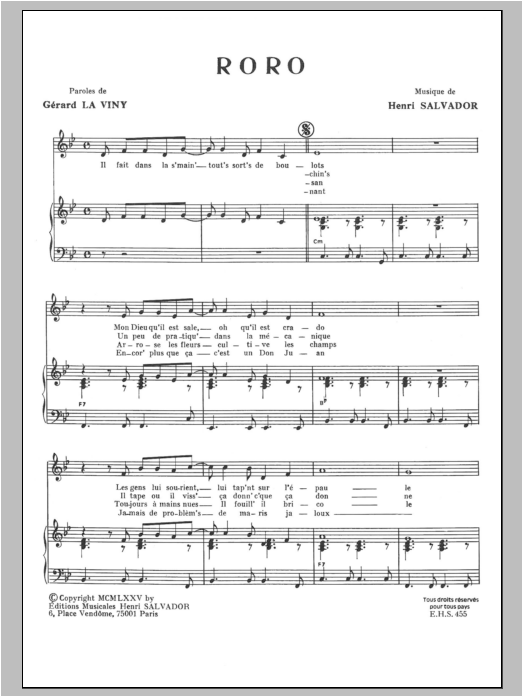 Henri Salvador Roro sheet music notes and chords arranged for Piano & Vocal