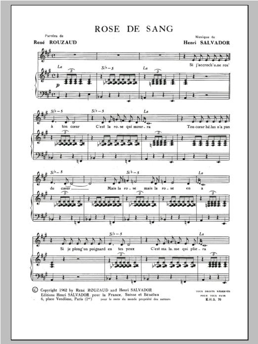 Henri Salvador Rose De Sang sheet music notes and chords arranged for Piano & Vocal