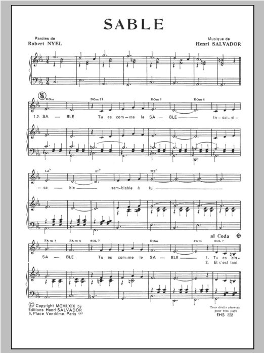 Henri Salvador Sable sheet music notes and chords arranged for Piano & Vocal