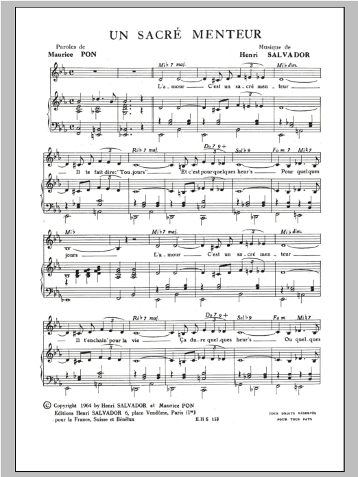 Henri Salvador Sacre Menteur sheet music notes and chords arranged for Piano & Vocal