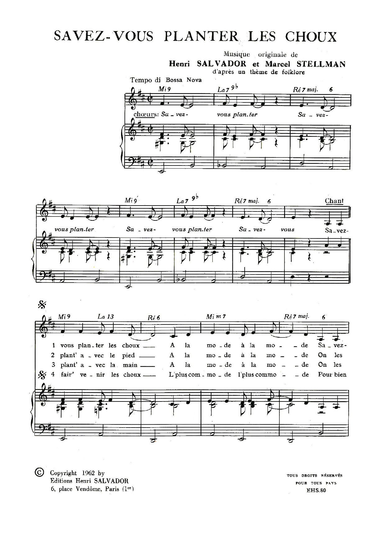 Henri Salvador Savez-Vous Planter Les Choux? sheet music notes and chords arranged for Piano & Vocal