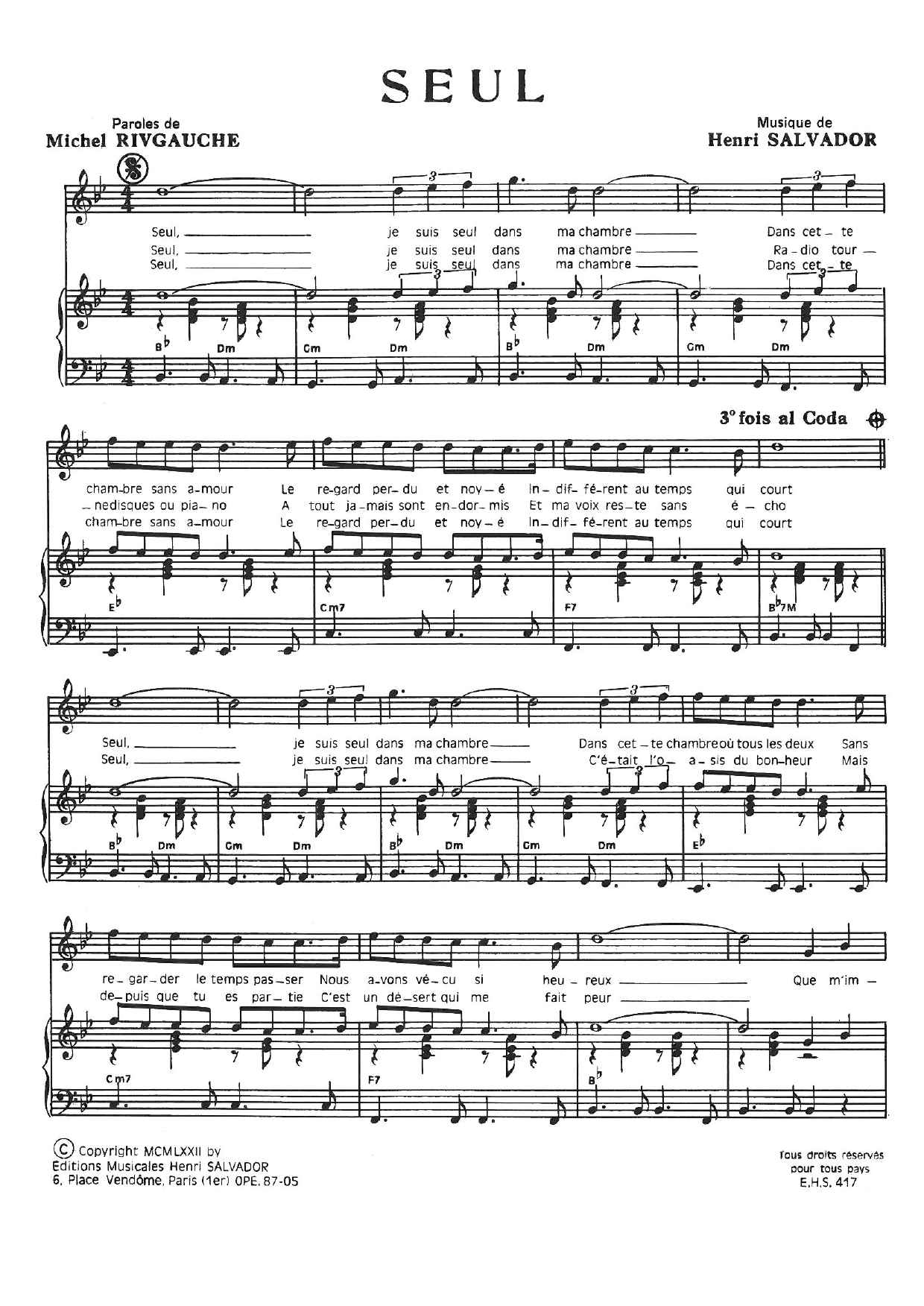 Henri Salvador Seul sheet music notes and chords arranged for Piano & Vocal