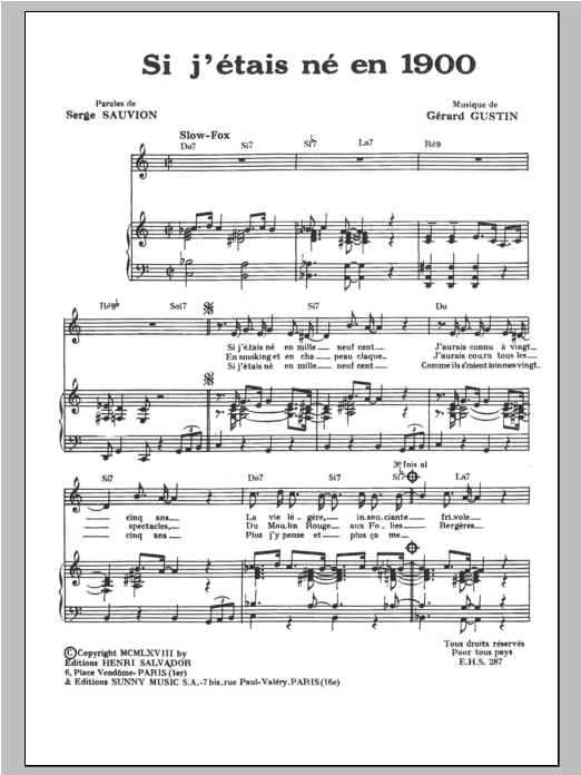 Henri Salvador Si J'etais Ne En 1900 sheet music notes and chords arranged for Piano & Vocal