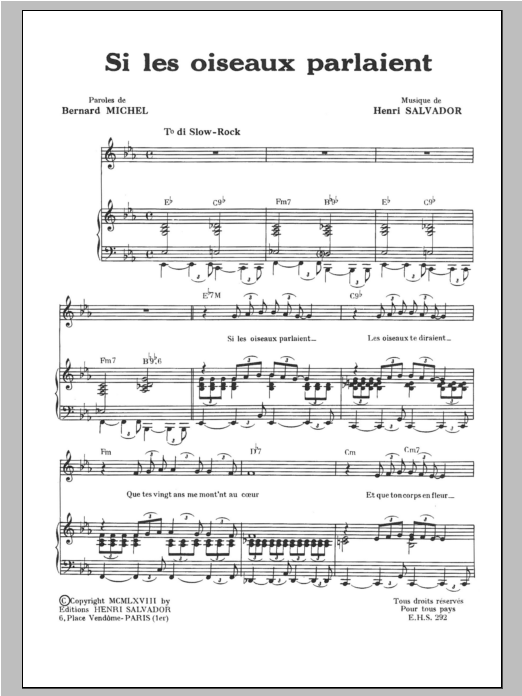Henri Salvador Si Les Oiseaux Parlaient sheet music notes and chords arranged for Piano & Vocal