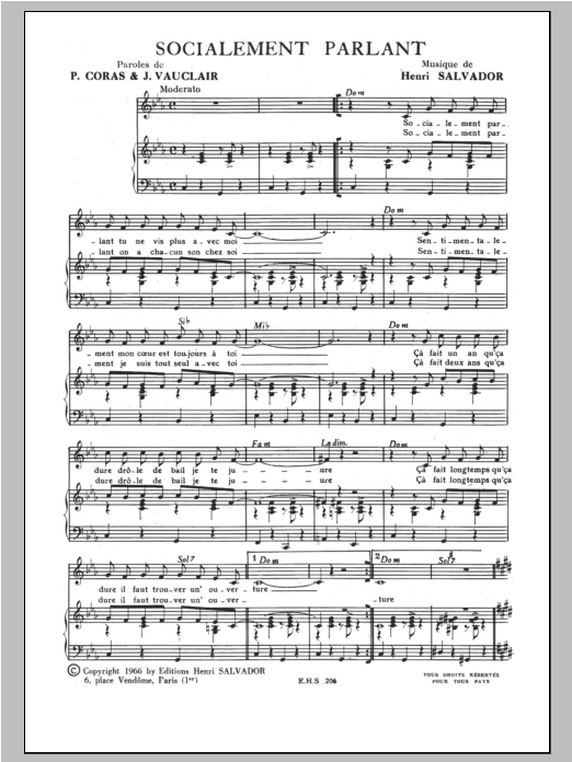 Henri Salvador Socialement Parlant sheet music notes and chords arranged for Piano & Vocal