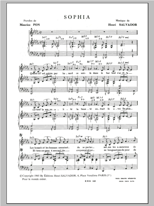 Henri Salvador Sophia sheet music notes and chords arranged for Piano & Vocal
