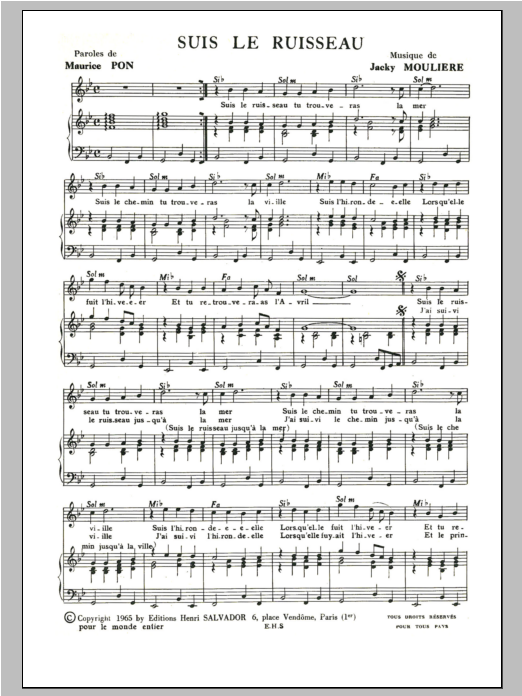 Henri Salvador Suis Le Ruisseau sheet music notes and chords arranged for Piano & Vocal