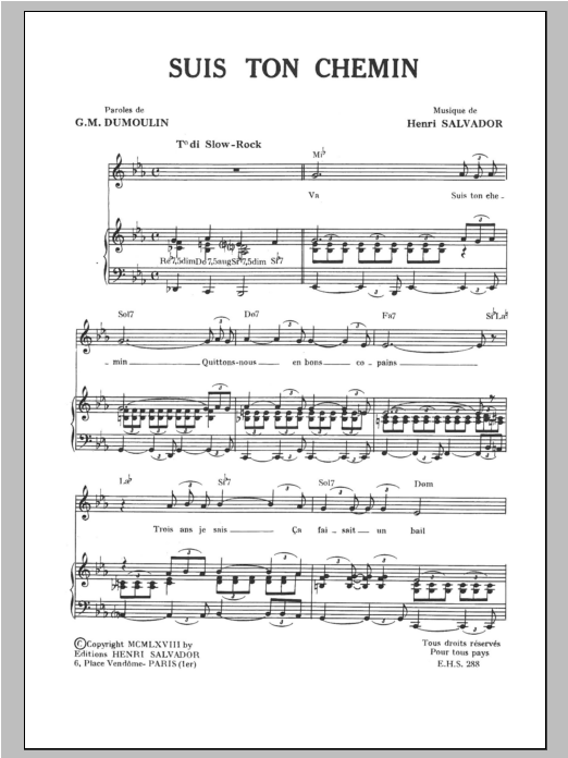 Henri Salvador Suis Ton Chemin sheet music notes and chords arranged for Piano & Vocal