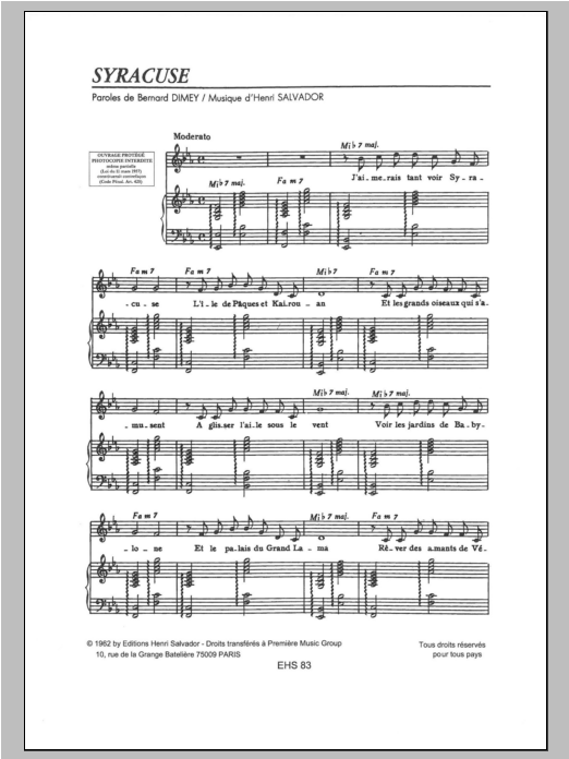 Henri Salvador Syracuse sheet music notes and chords arranged for Piano & Vocal