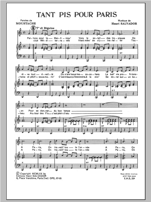 Henri Salvador Tant Pis Pour Paris sheet music notes and chords arranged for Piano & Vocal