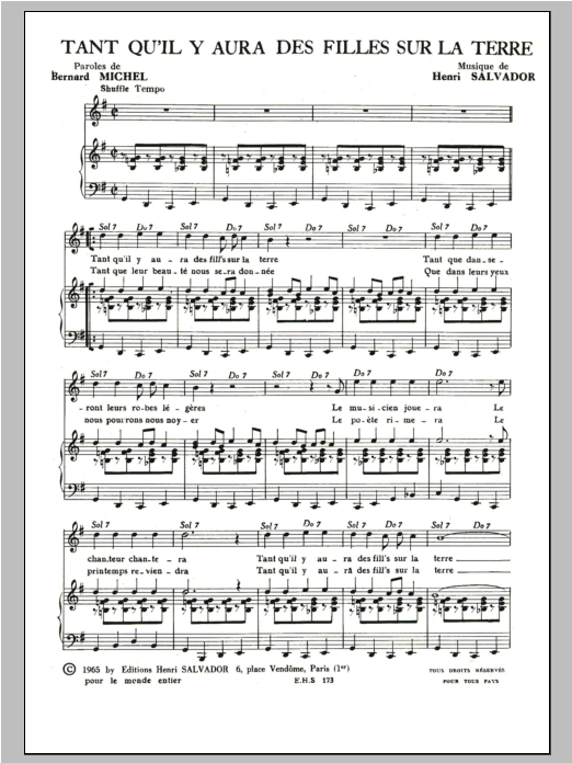 Henri Salvador Tant Qu'il Y Aura Des Filles Sur La Terre sheet music notes and chords arranged for Piano & Vocal