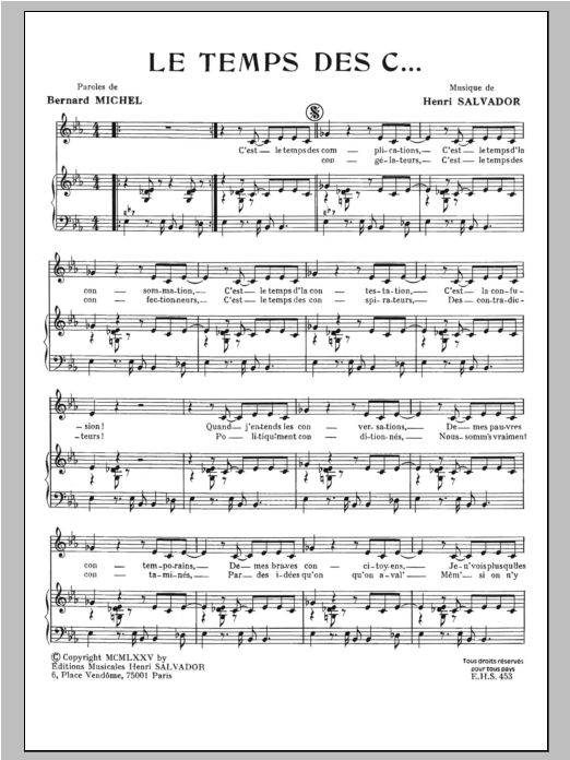 Henri Salvador Temps Des C sheet music notes and chords arranged for Piano & Vocal