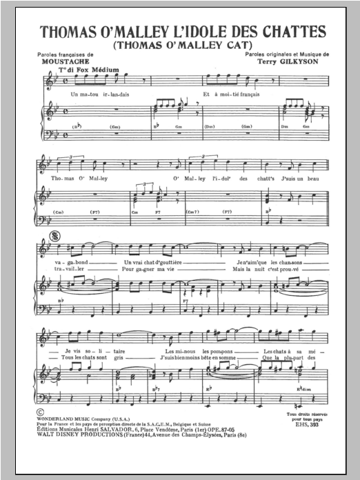 Henri Salvador Thomas O'Malley L'idole Des Chattes sheet music notes and chords arranged for Piano & Vocal