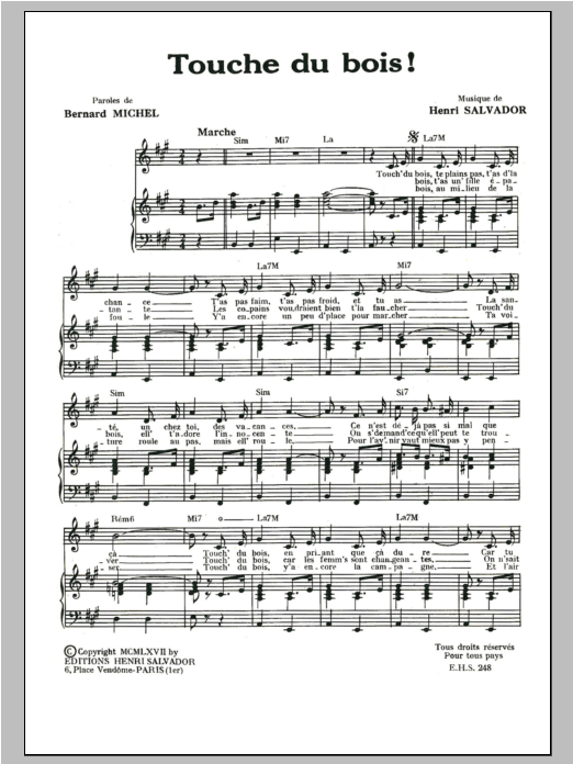 Henri Salvador Touche Du Bois sheet music notes and chords arranged for Piano & Vocal