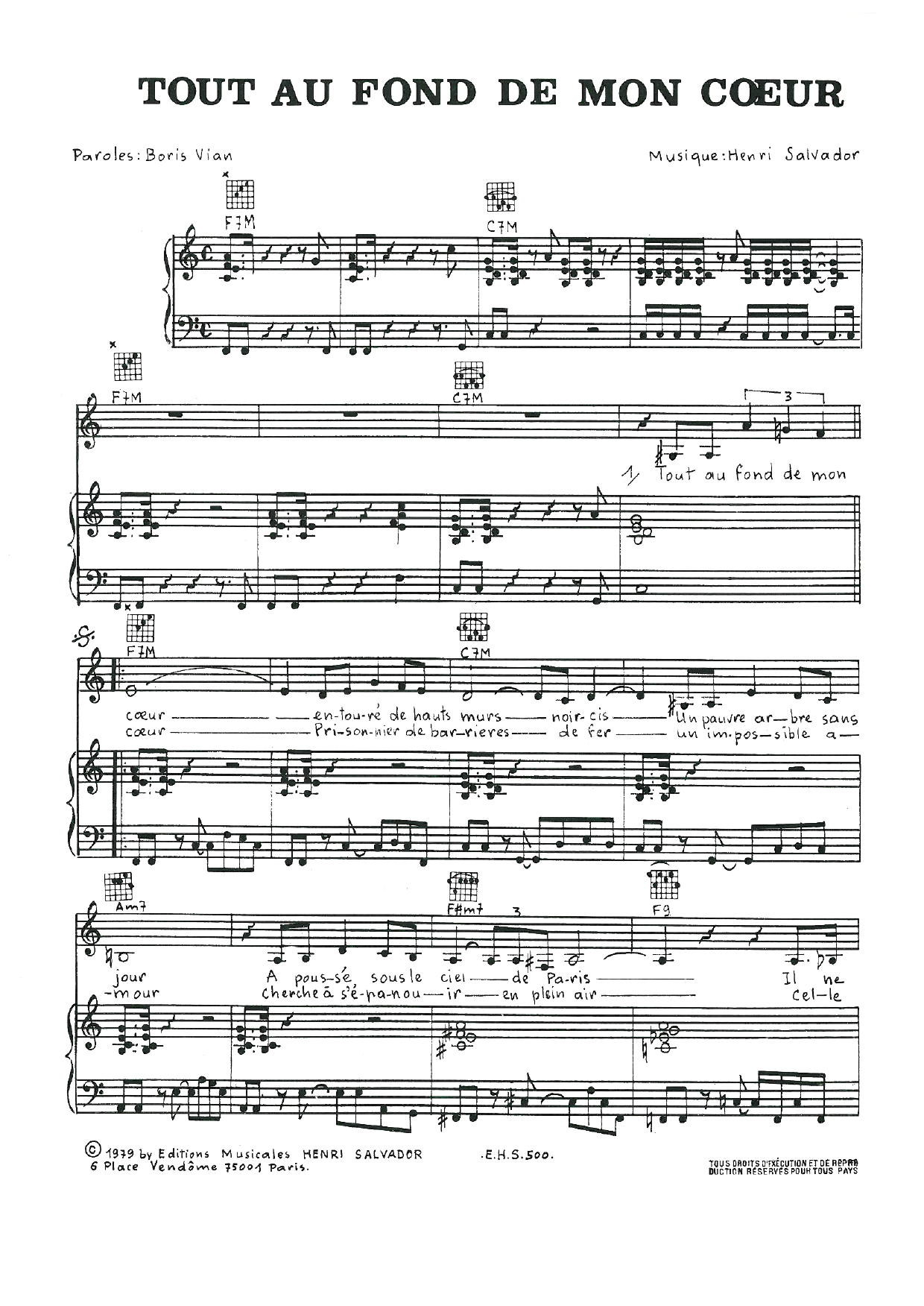 Henri Salvador Tout Au Fond De Mon Coeur sheet music notes and chords arranged for Piano, Vocal & Guitar Chords