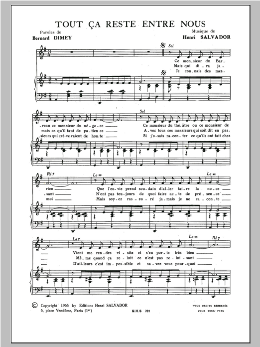 Henri Salvador Tout Ca Reste Entre Nous sheet music notes and chords arranged for Piano & Vocal