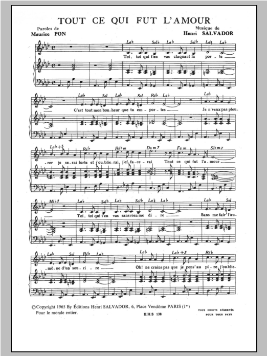 Henri Salvador Tout Ce Qui Fut L'amour sheet music notes and chords arranged for Piano & Vocal
