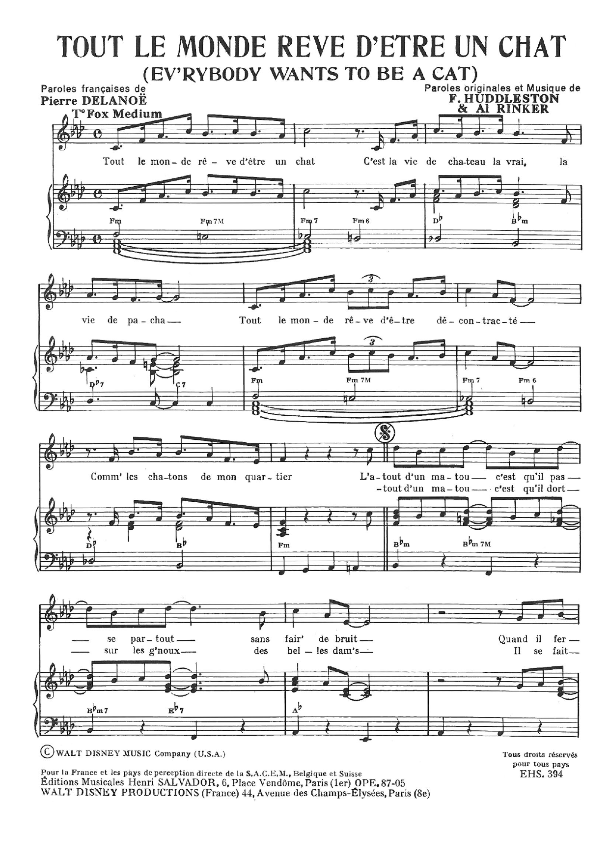 Henri Salvador Tout Le Monde Reve D'etre Un Chat (Ev'rybody Wants To Be A Cat) sheet music notes and chords arranged for Piano & Vocal