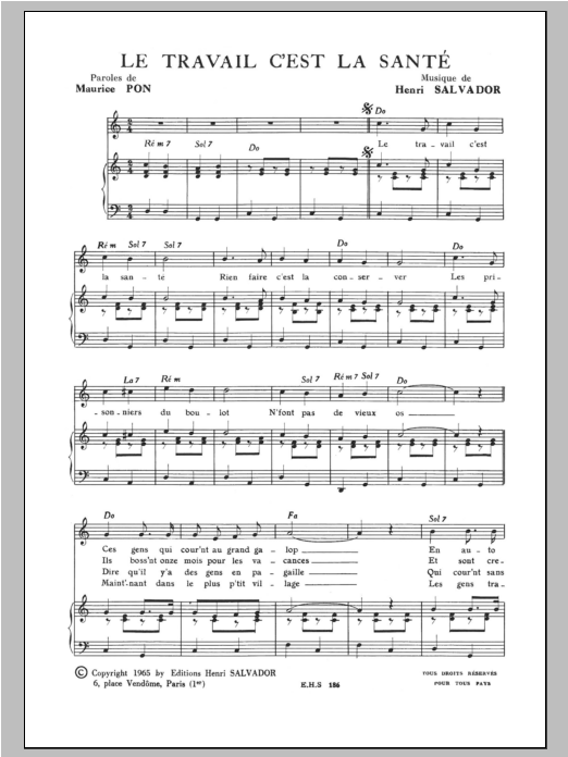 Henri Salvador Travail C'est La Sante sheet music notes and chords arranged for Piano & Vocal