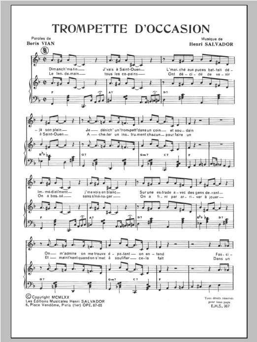 Henri Salvador Trompette D'occasion sheet music notes and chords arranged for Piano & Vocal