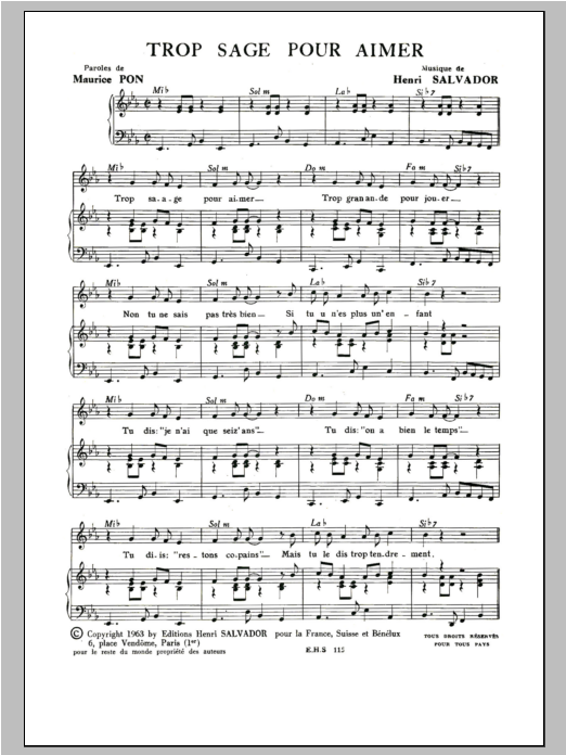 Henri Salvador Trop Sage Pour Aimer sheet music notes and chords arranged for Piano & Vocal