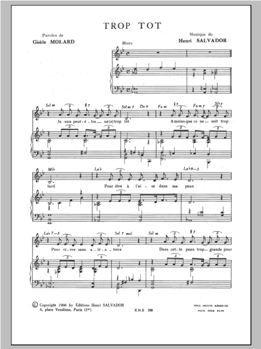 Henri Salvador Trop Tot sheet music notes and chords arranged for Piano & Vocal