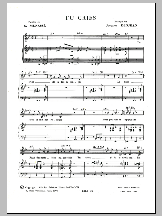 Henri Salvador Tu Cries sheet music notes and chords arranged for Piano & Vocal