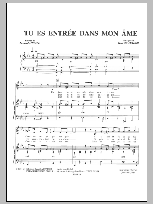 Henri Salvador Tu Es Entree Dans Mon Ame sheet music notes and chords arranged for Piano & Vocal